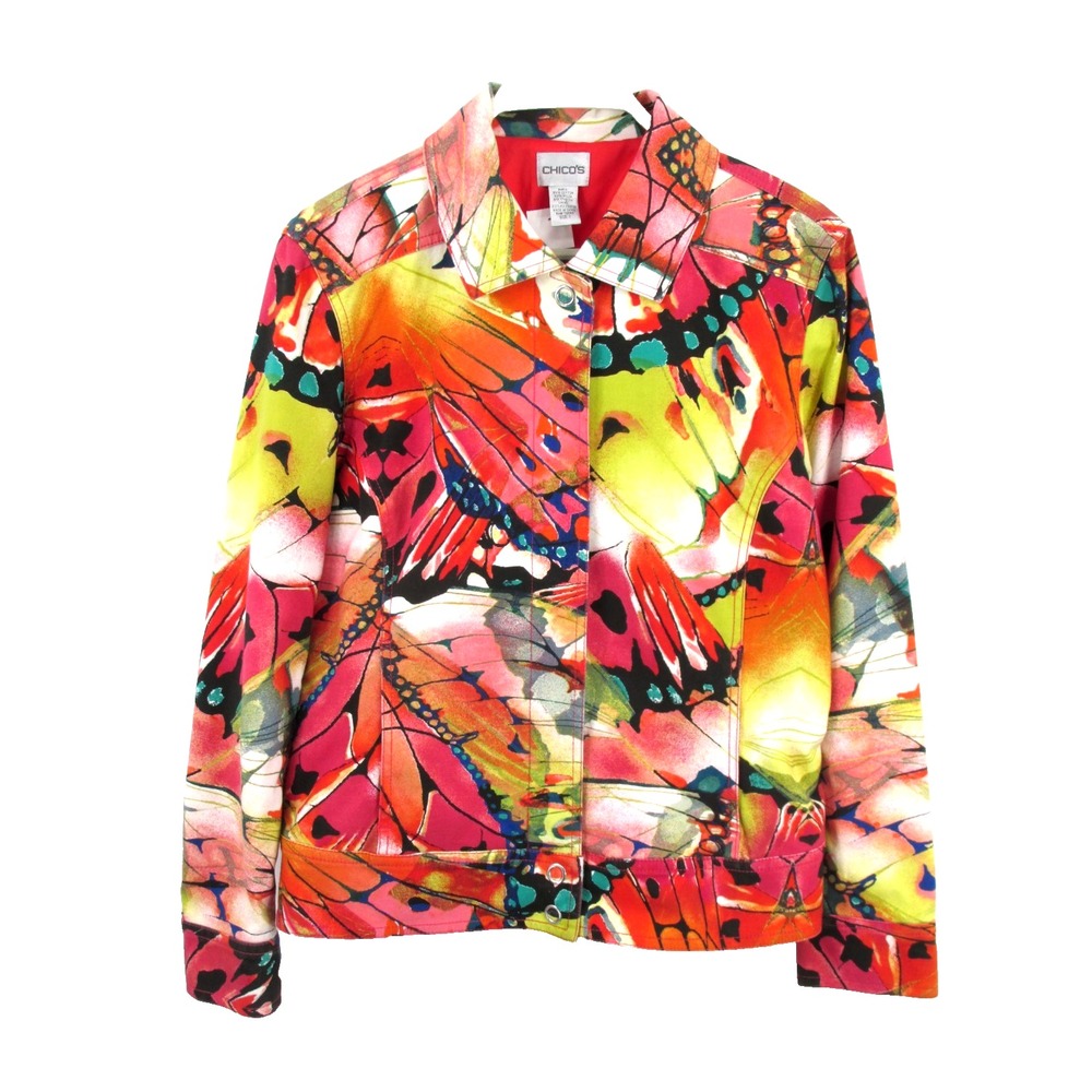 Chicos Blazer Women 1 Multicolor Butterfly Art Snap Front Jacket Artsy Boho